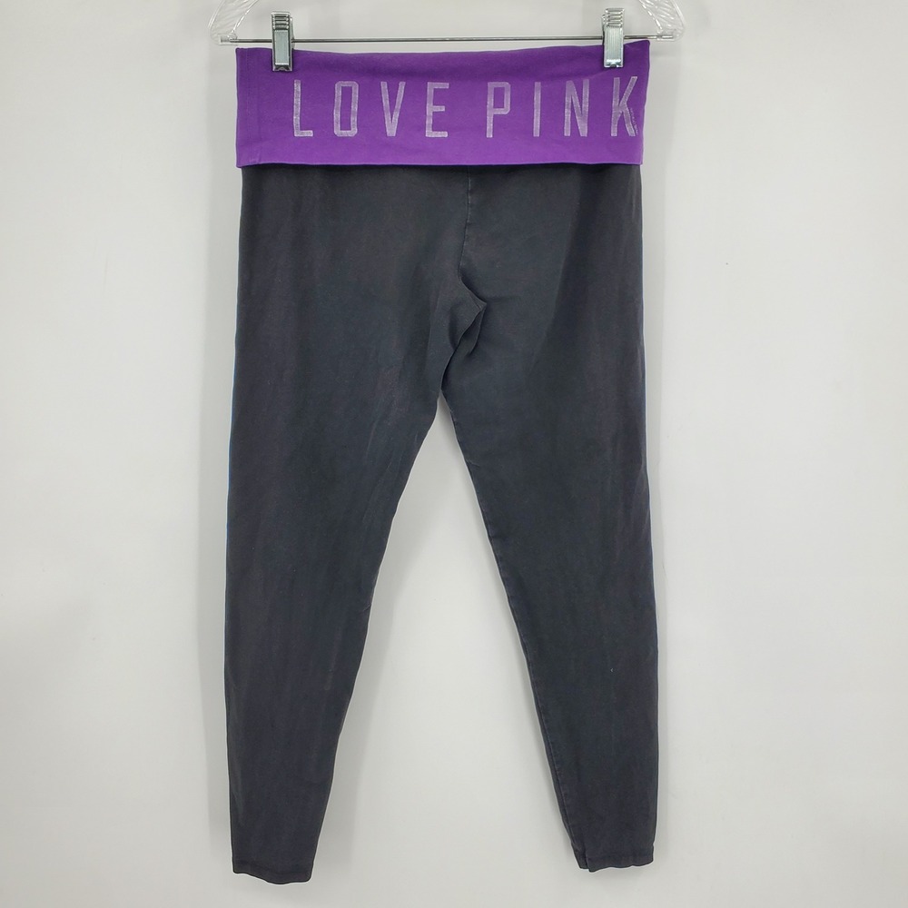 Victoria's Secret PINK Yoga Leggings Black Purple Y2K Foldover Spellout Waist‎ M